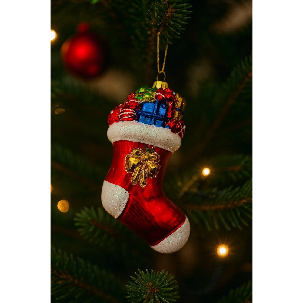 Max Glass Poland Red Stocking Ornament Hand Blown Painted Glitter Christmas Bear